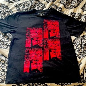 True religion shirt black with red design.